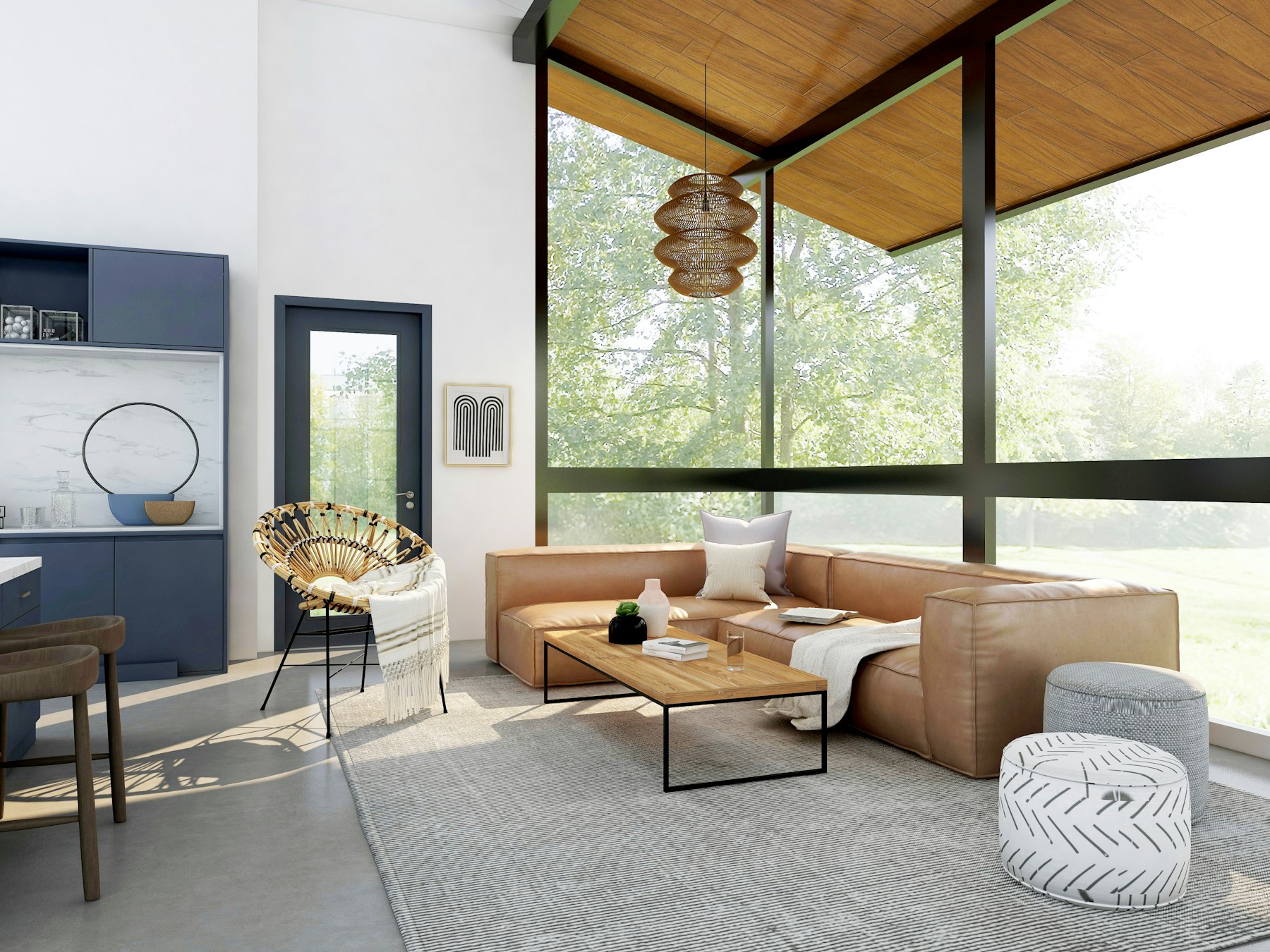 Living room with brown sofa, glazing, and natural tones