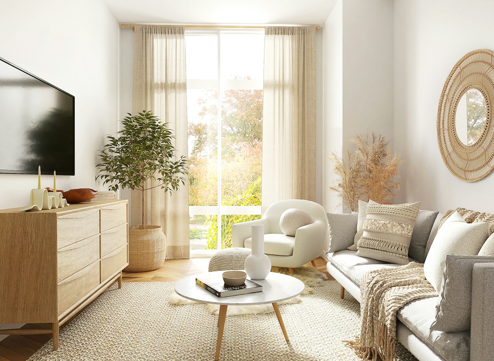 Soft neutral seating by a window in a modern interior